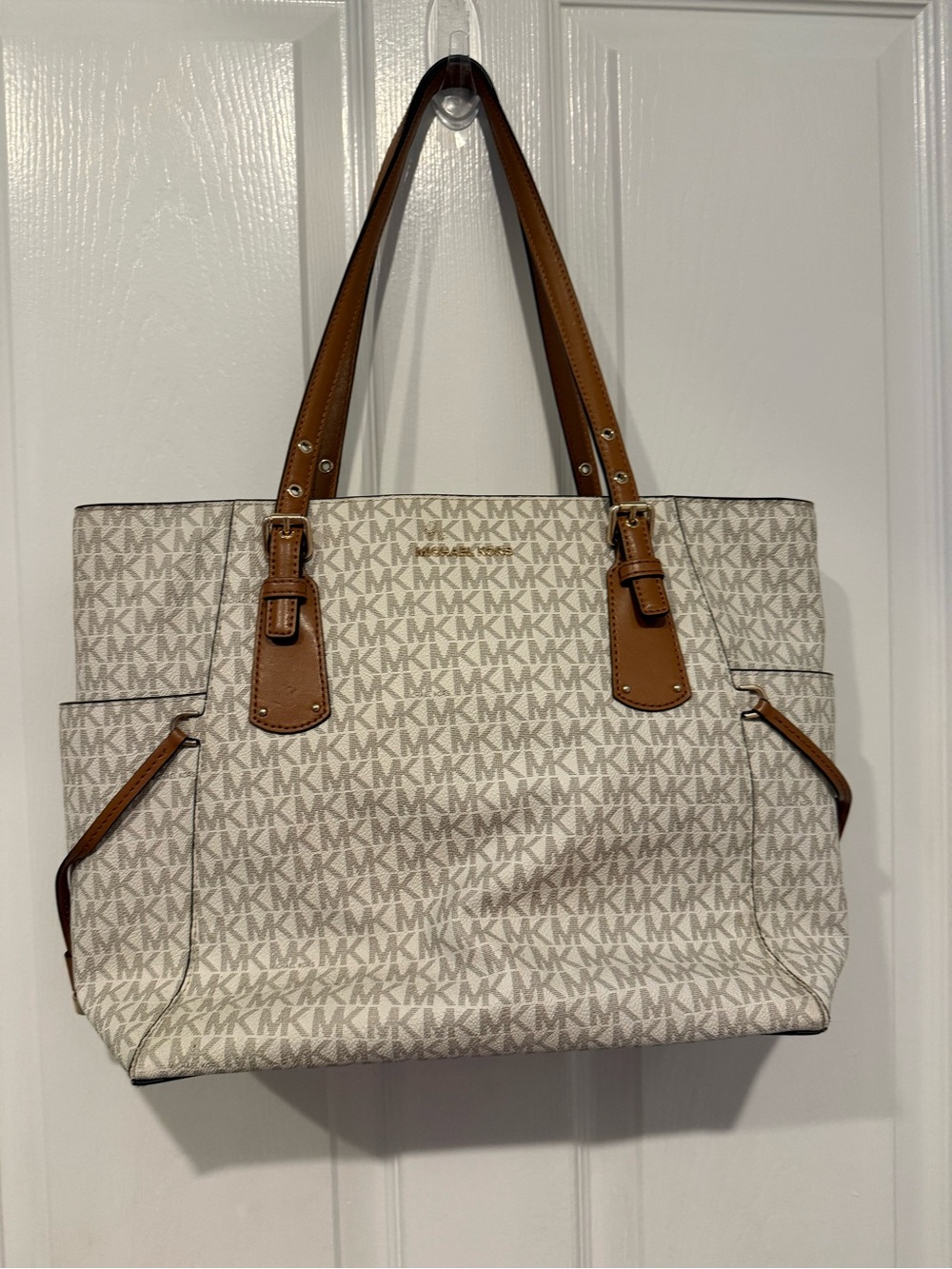 Michael Kors Cream Logo Tote with Brown Trim
